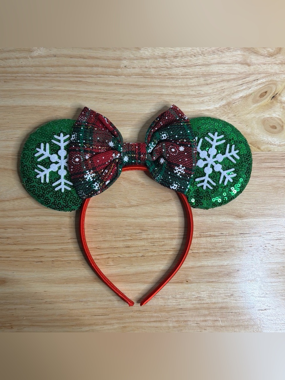 Festive Green Sequin Snowflake Mouse Ears Headband with Plaid Bow